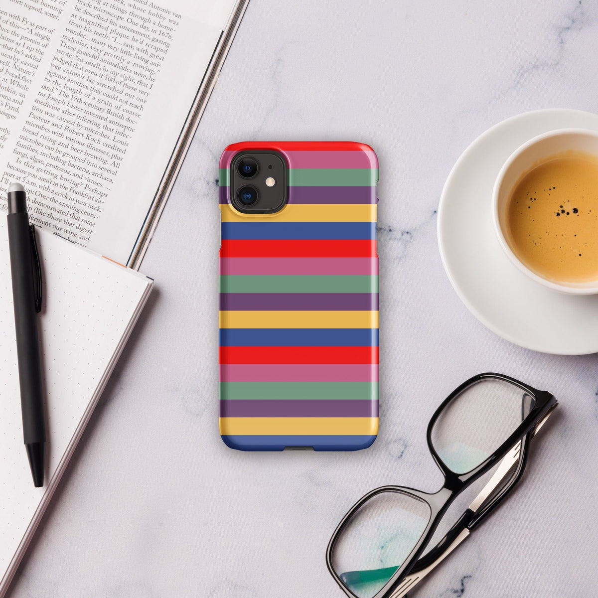 iPhone snap case with horizontal stripes in red, purple, yellow, and blue