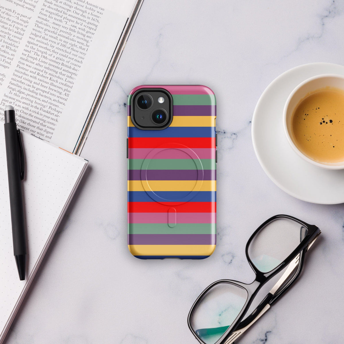 iPhone tough case with retro rainbow horizontal stripes and triple-camera cutout