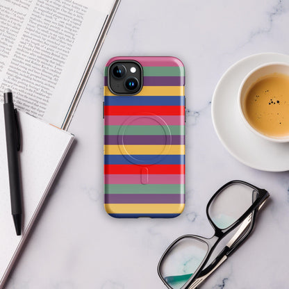 Tough phone case with multicolor horizontal stripes and visible camera cutouts