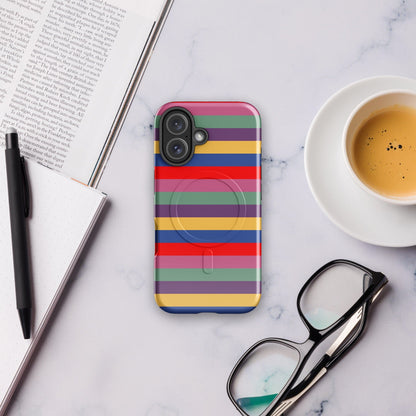 Tough phone case with retro multicolor horizontal stripes and camera lens openings