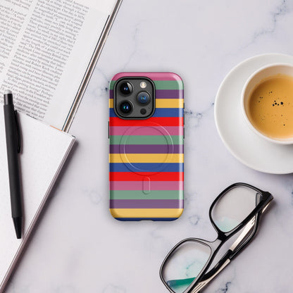 Tough phone case with bright retro horizontal stripe pattern and dual camera openings