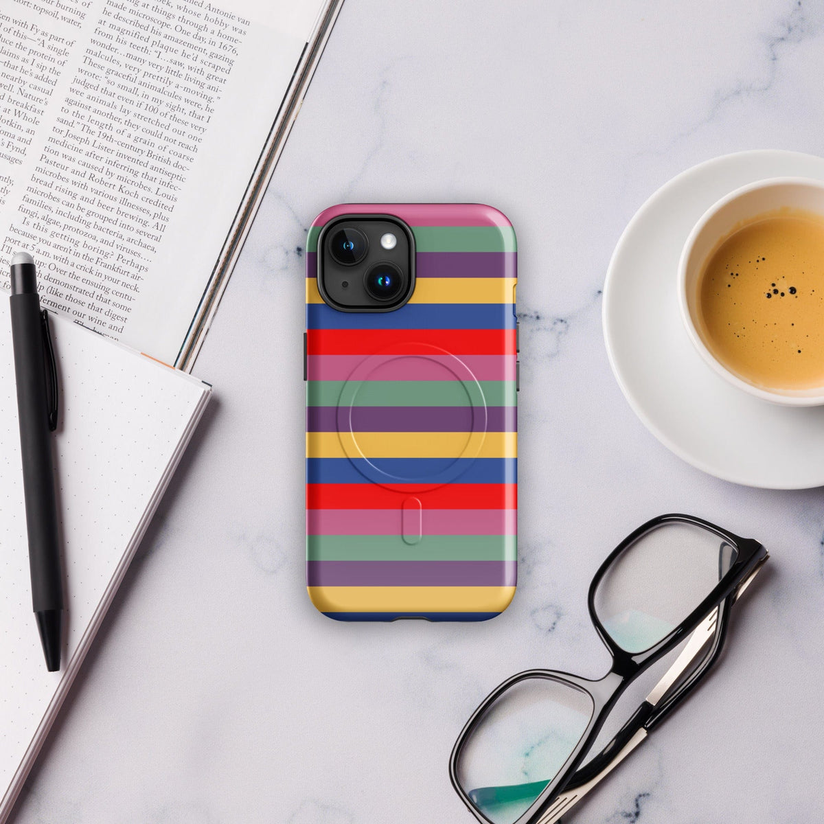 Tough phone case with retro rainbow horizontal stripes and raised camera bezel