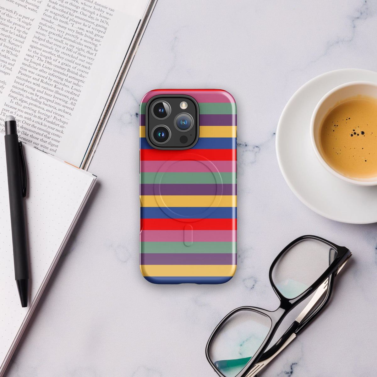 Tough phone case with retro rainbow stripes and glossy raised camera bezel