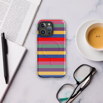 Tough phone case with multicolor horizontal stripes and rounded camera cutouts