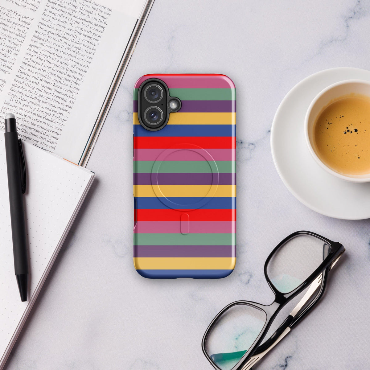 Tough phone case with bold horizontal stripe design and raised camera module