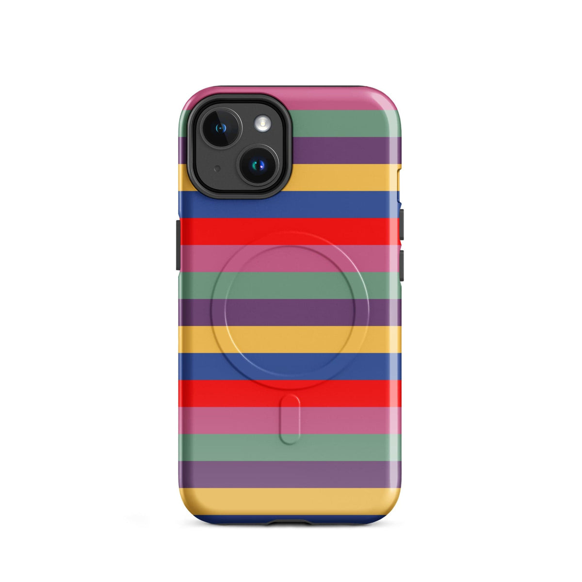 iPhone tough case with retro rainbow horizontal stripes and camera cutout