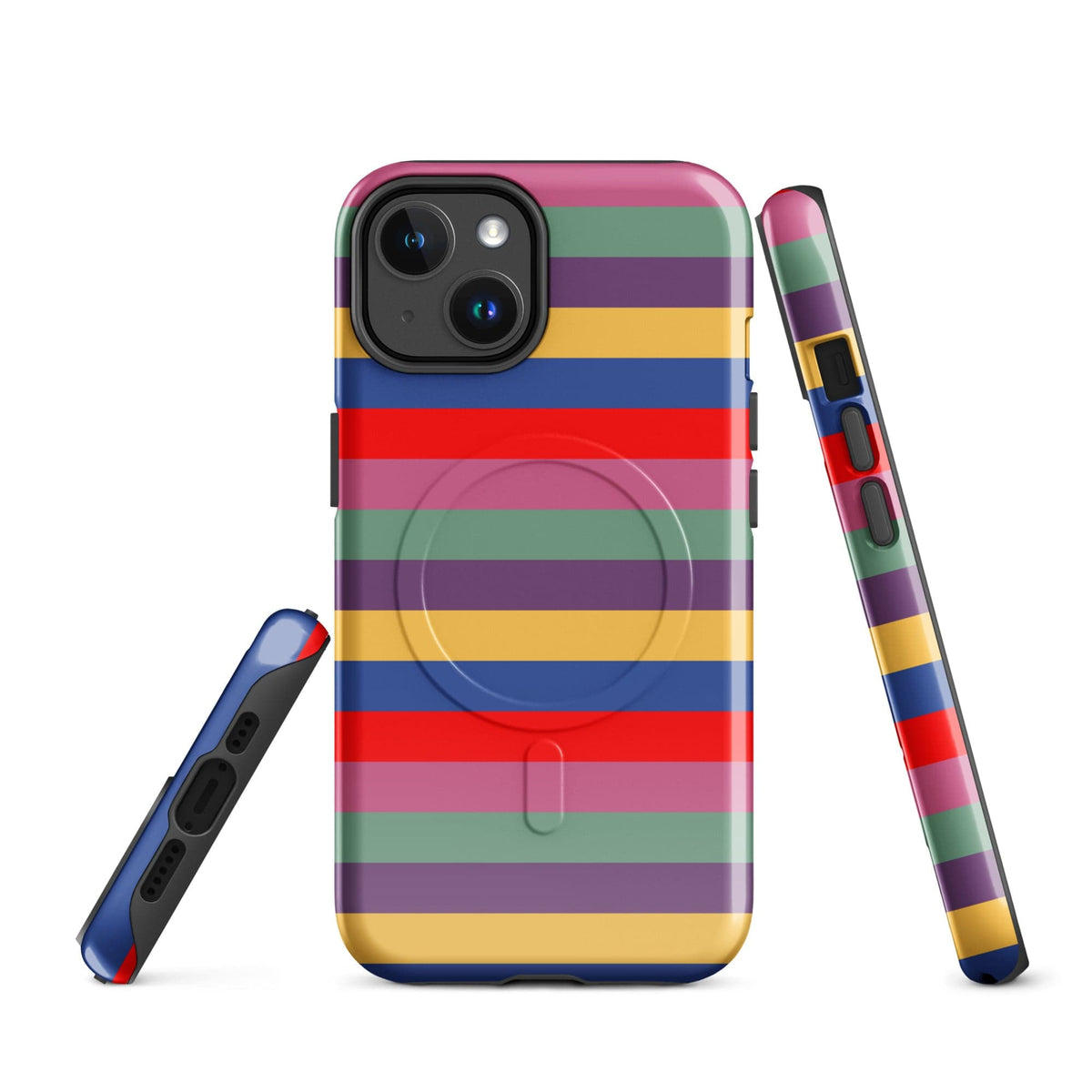 iPhone tough case with retro stripe design and visible side button cutouts