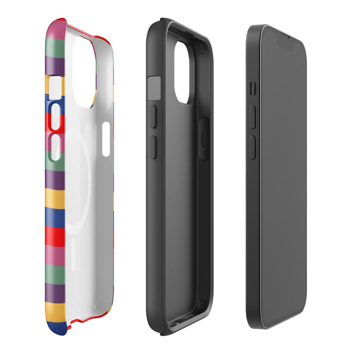 Phone case with retro rainbow stripes, showing back and side edges