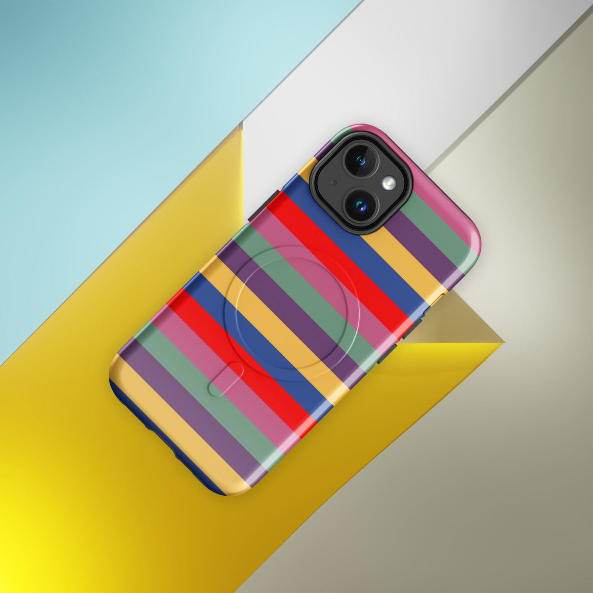 iPhone tough case on diagonal, retro rainbow horizontal stripes with lens cutout