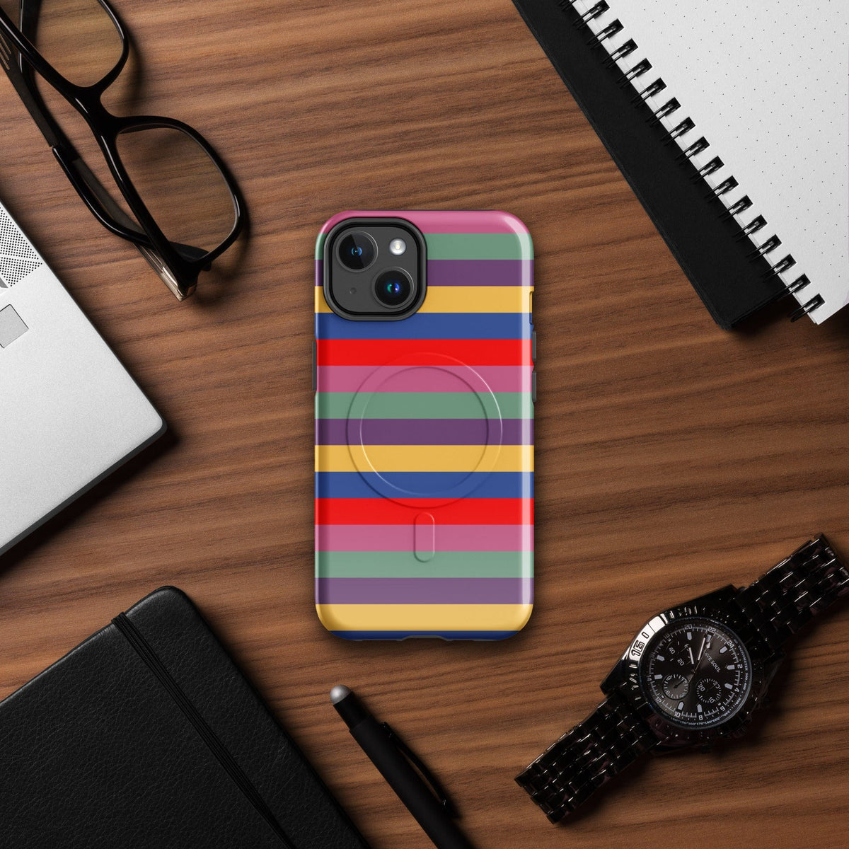 iPhone tough case with retro multicolor stripes and raised camera bump cover