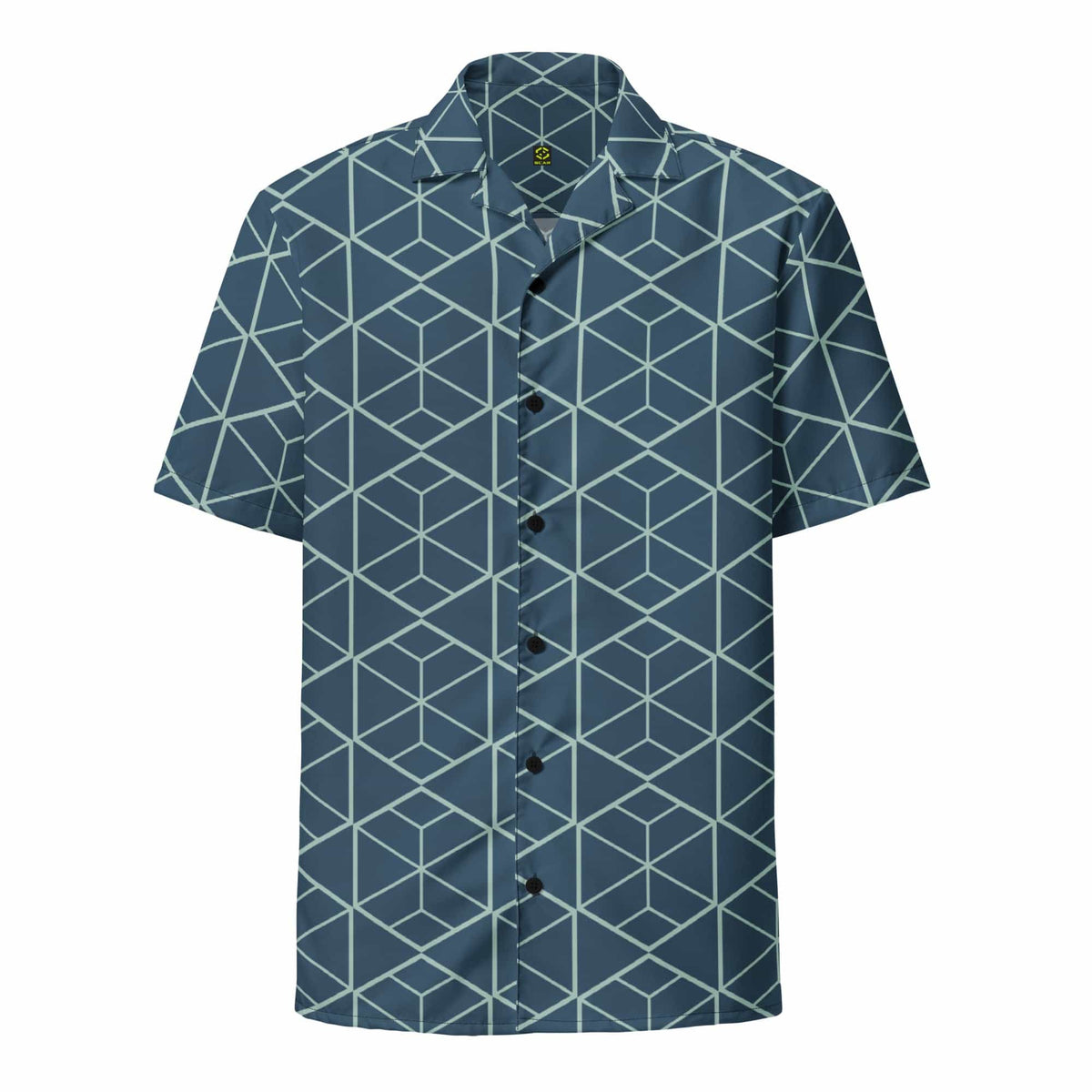 Dark teal short-sleeve button-up shirt with light geometric cube pattern and camp collar