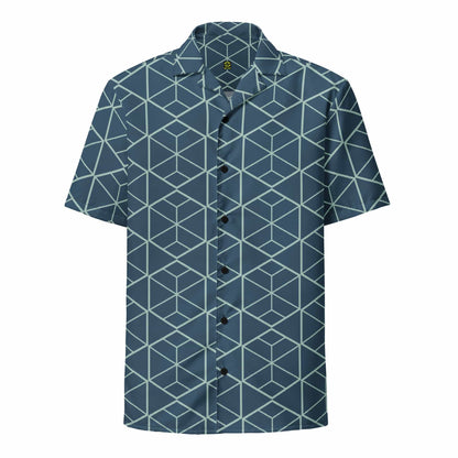 Dark teal short-sleeve button-up shirt with light geometric cube pattern and camp collar