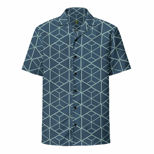 Dark teal short-sleeve button-up shirt with light geometric cube pattern and camp collar