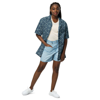 Dark teal short-sleeve button-up shirt with light geometric print and camp collar