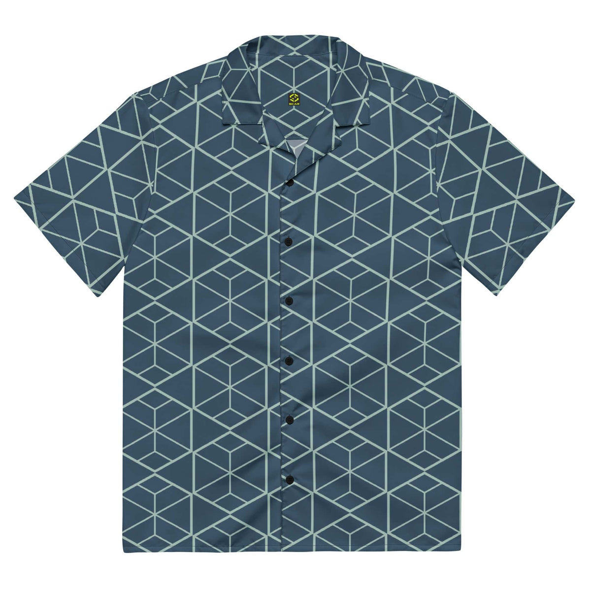 Back view of dark teal short-sleeve button-up shirt with geometric cube pattern