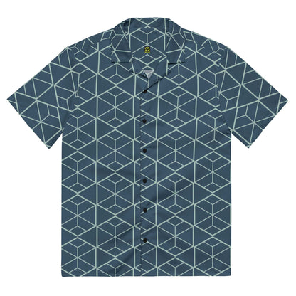 Back view of dark teal short-sleeve button-up shirt with geometric cube pattern