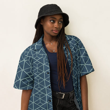 Dark teal geometric cube print short-sleeve button-up shirt with camp collar