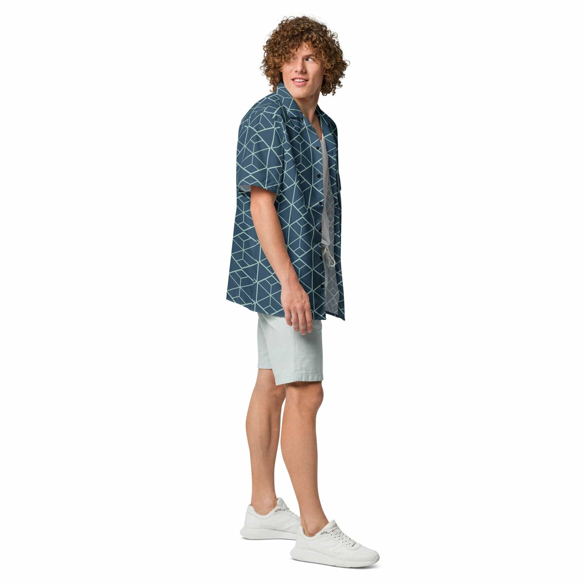 Dark teal geometric cube pattern button-up shirt with short sleeves and camp collar