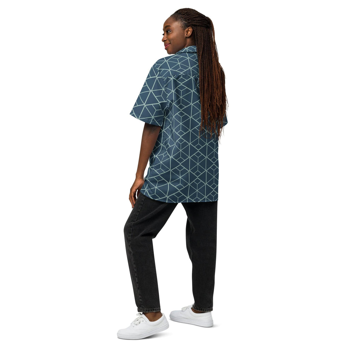 Geometric pattern short-sleeve button-up shirt in dark teal with light grid lines