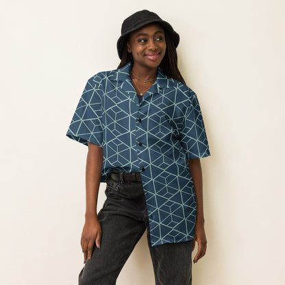 Dark teal geometric cube pattern short-sleeve button-up shirt with front buttons