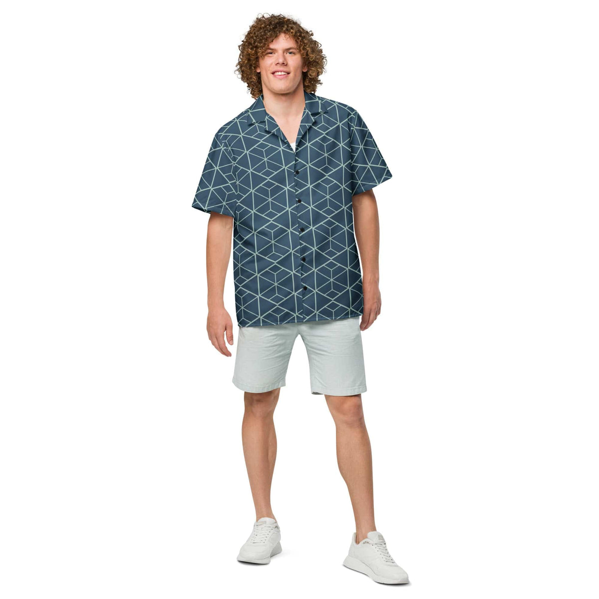 Dark teal short-sleeve button-up shirt with light geometric cube pattern and camp collar