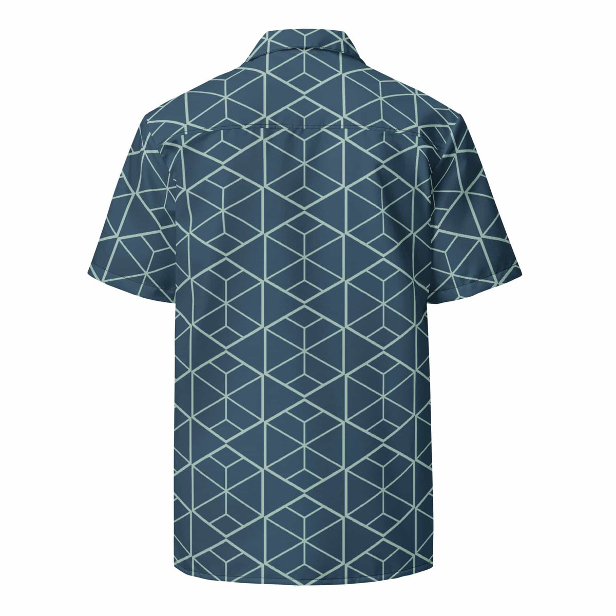 Collared short-sleeve shirt with retro geometric pattern, dark teal and light blue