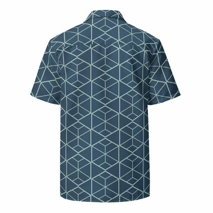 Collared short-sleeve shirt with retro geometric pattern, dark teal and light blue