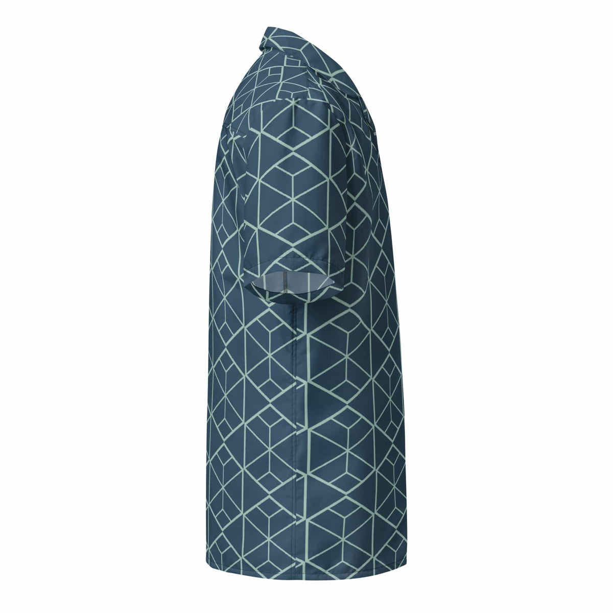 Collared short-sleeve shirt in dark teal with light blue geometric cube pattern, side