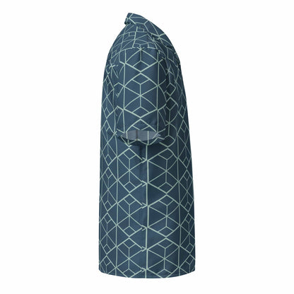 Collared short-sleeve shirt in dark teal with light blue geometric cube pattern, side