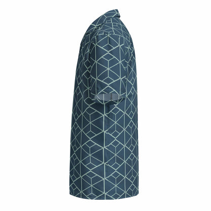 Collared short-sleeve shirt in dark teal with light blue cube geometric pattern, angled