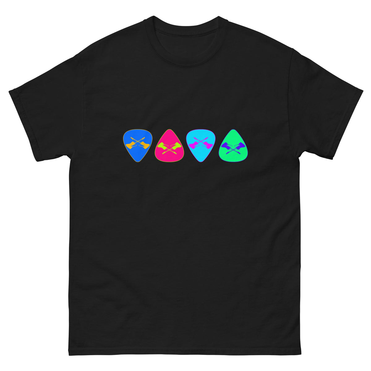 Black T-shirt with colorful retro guitar pick graphics across the chest
