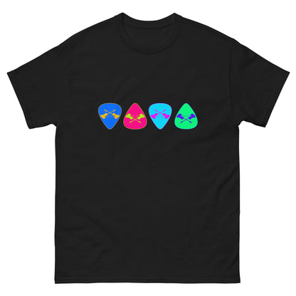 Black T-shirt with colorful retro guitar pick graphics across the chest