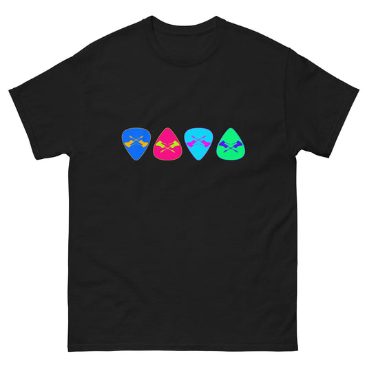 Black T-shirt with colorful retro guitar pick graphics across the chest