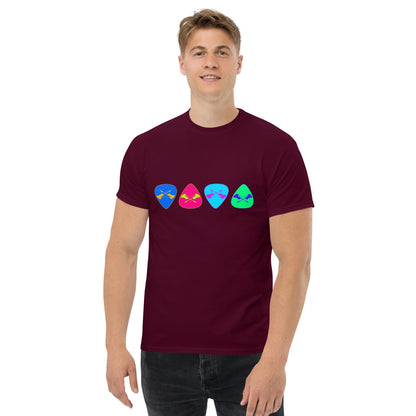 Maroon T-shirt with colorful retro guitar pick graphics across the chest