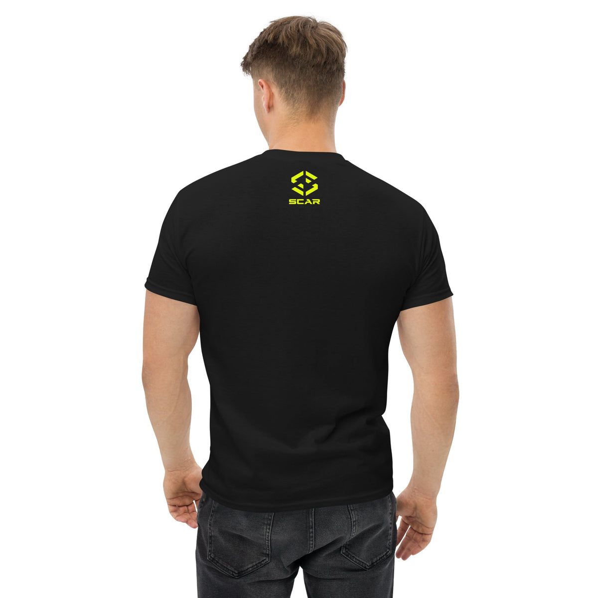 Black T-shirt with small neon green back logo near the upper spine