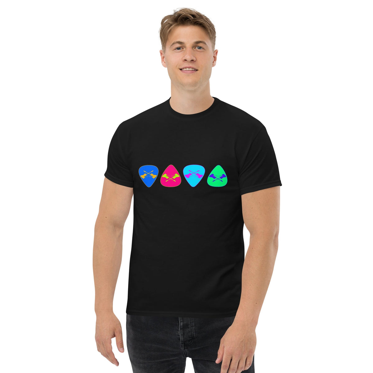 Black T-shirt with colorful retro guitar pick graphics across the chest