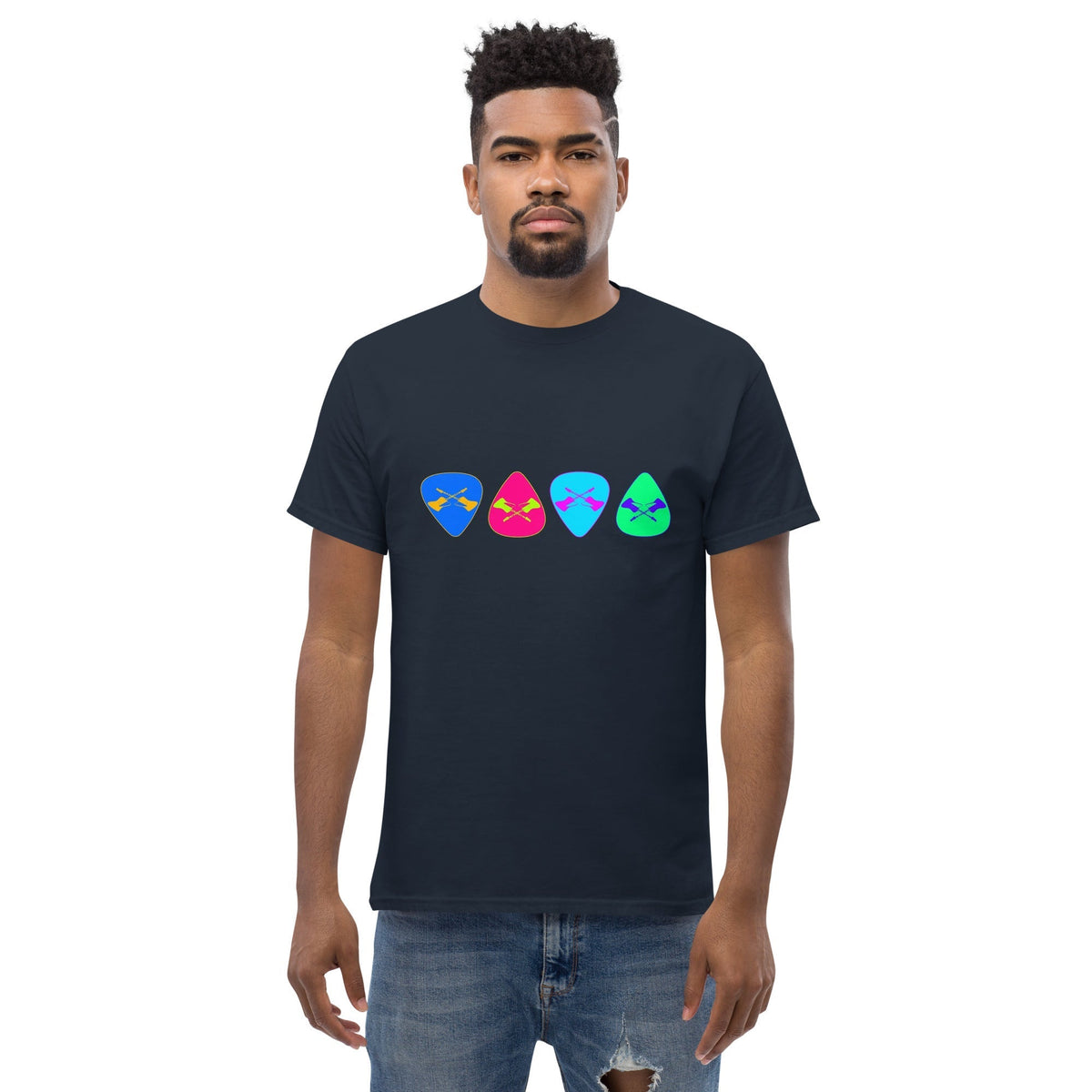 Navy T-shirt with colorful retro guitar pick graphics across the chest