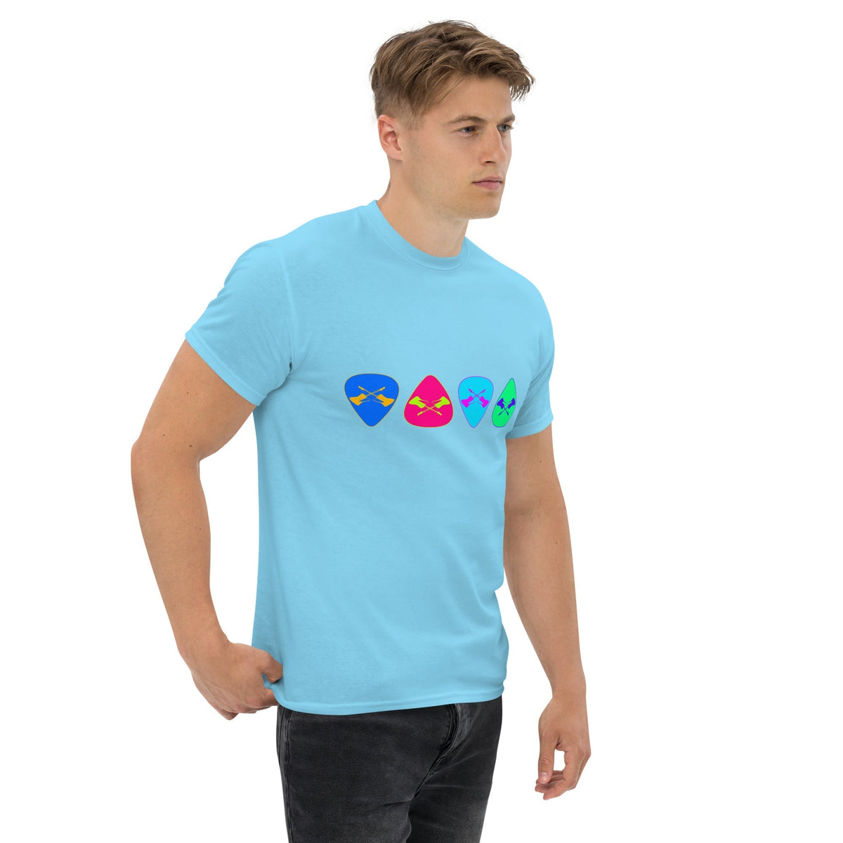 Sky blue T-shirt with colorful retro guitar pick graphics across the chest