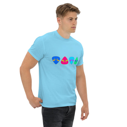 Sky blue T-shirt with colorful retro guitar pick graphics across the chest