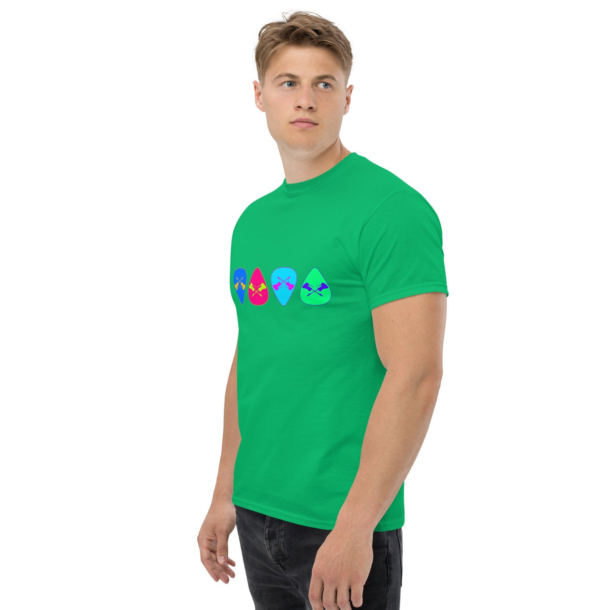 Irish green T-shirt with colorful retro guitar pick graphics across the chest