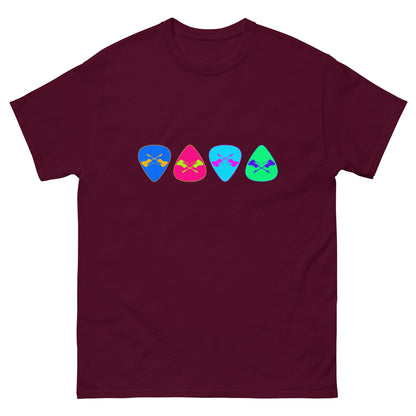 Maroon T-shirt with row of colorful guitar pick graphic on chest