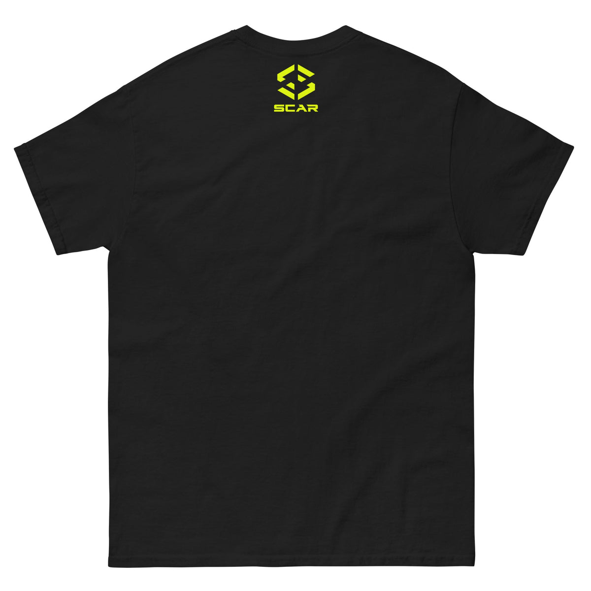 Black T-shirt with small neon yellow “SCAR” chest logo