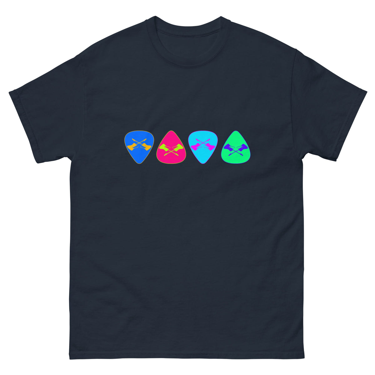 Navy T-shirt with row of colorful guitar pick graphic on chest