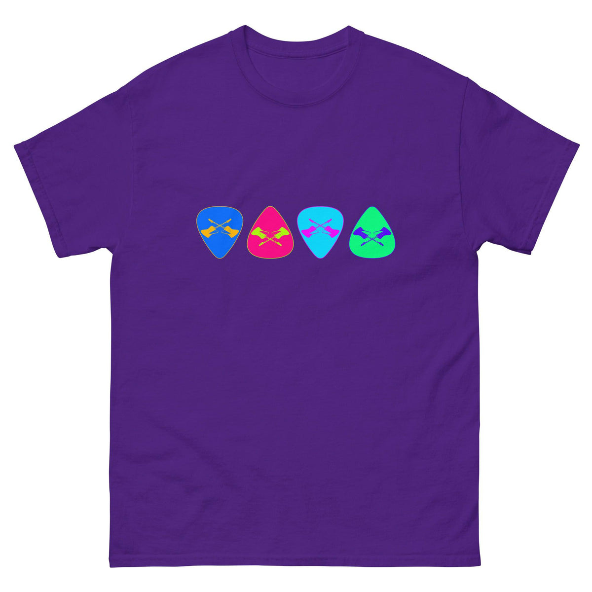 Purple T-shirt with row of colorful guitar pick graphic on chest