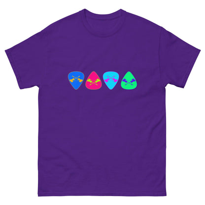Purple T-shirt with row of colorful guitar pick graphic on chest