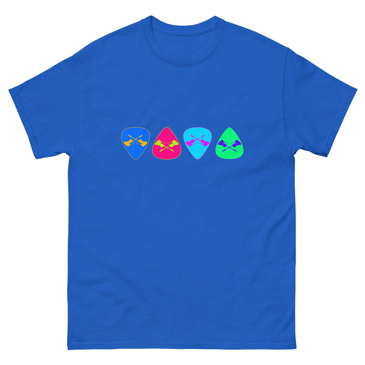 Sky blue T-shirt with row of colorful guitar pick graphic on chest