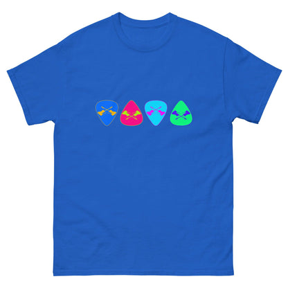 Sky blue T-shirt with row of colorful guitar pick graphic on chest