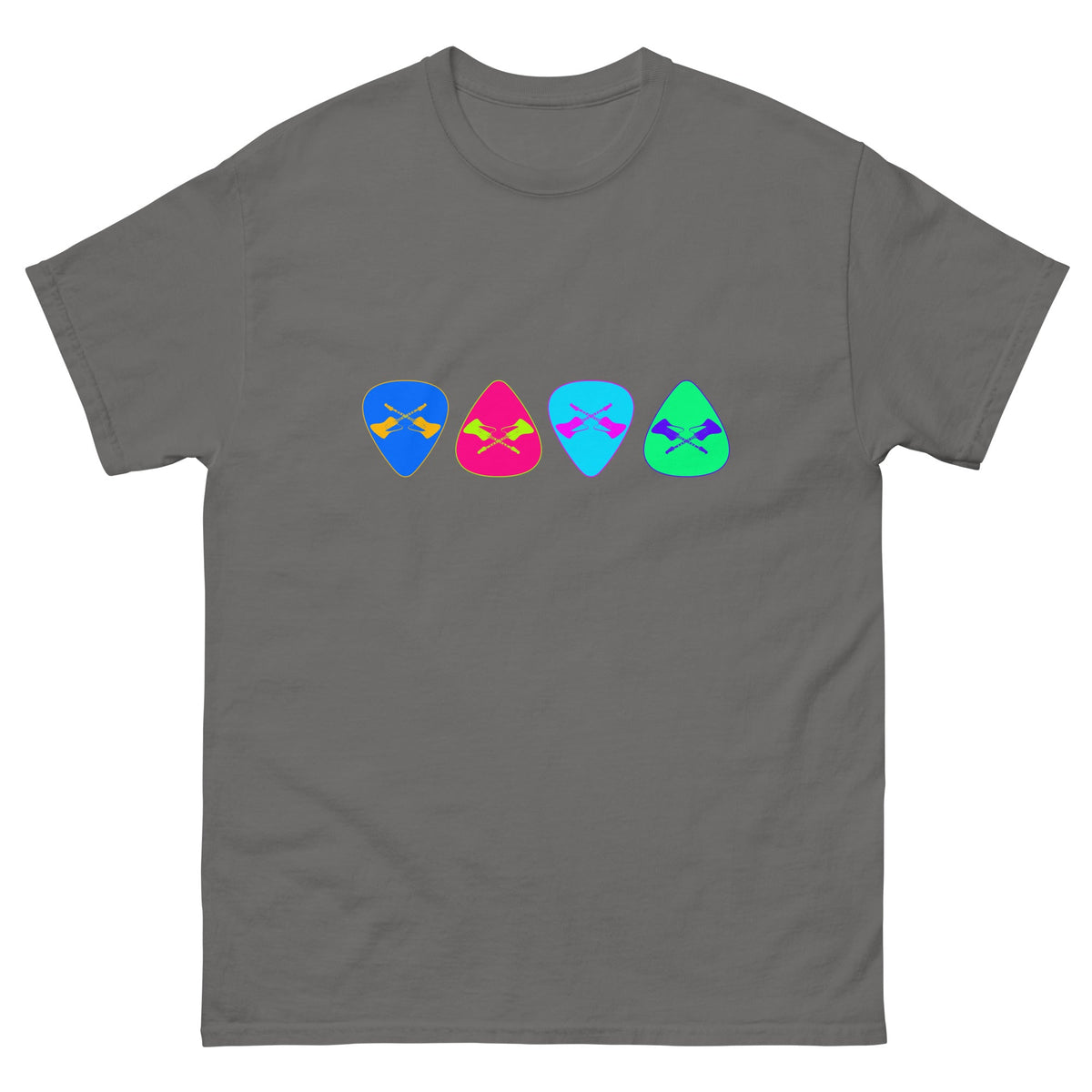 Charcoal gray T-shirt with row of colorful guitar pick graphic on chest
