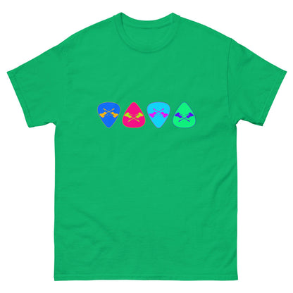 Irish green T-shirt with row of colorful guitar pick graphic on chest