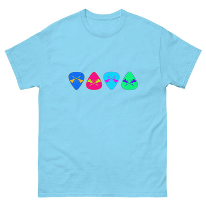 Light blue T-shirt with row of colorful guitar pick graphic on chest